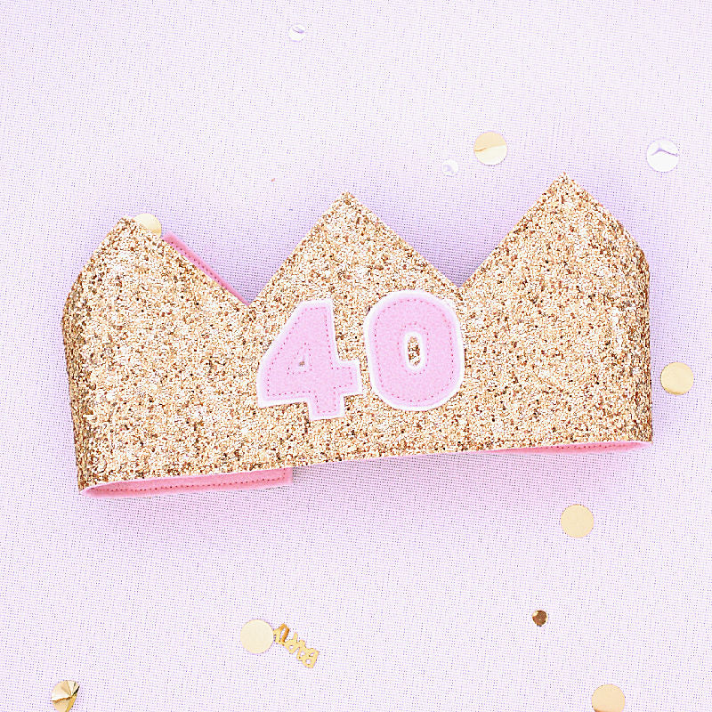 40th birthday crown in gold glitter and pale pink felt flatlay