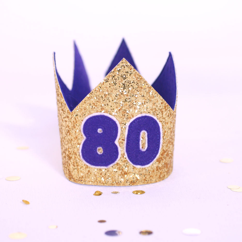 80th birthday crown in gold glitter and dark purple felt