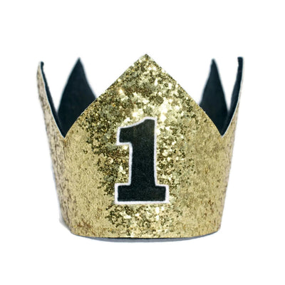 gold birthday crown for a first birthday, in gold glitter and black felt