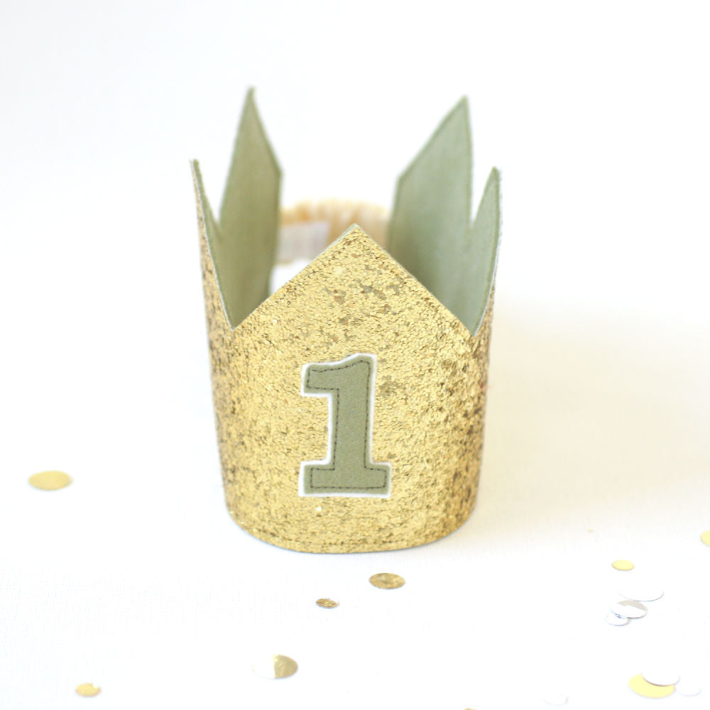 kids birthday crown in gold glitter and olive green felt
